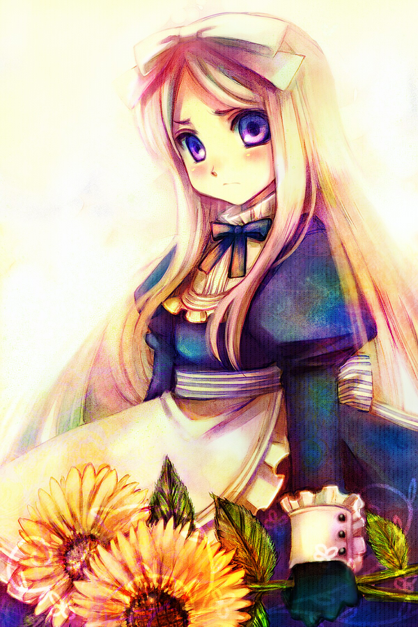 axis_powers_hetalia, bad_id, belarus_(hetalia), blonde_hair, blush, bow, dress, flower, gloves, hair_bow, hair_ribbon, kabuteriko, long_hair, purple_eyes, ribbon, sad, sokomushi, solo, sunflower