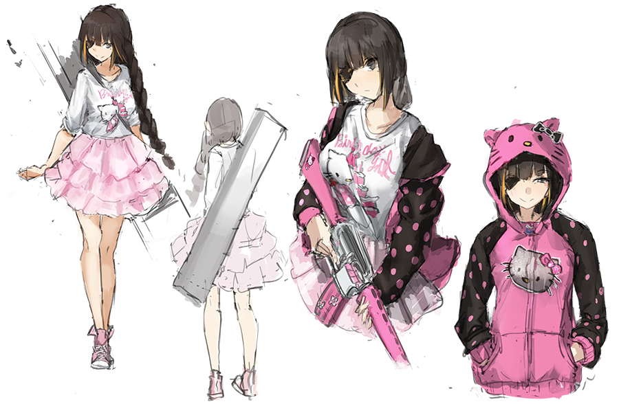 alternate_costume, alternate_hairstyle, assault_rifle, braid, brown_hair, eyepatch, frilled_skirt, frills, girls_frontline, gun, hello_kitty, hood, hoodie, long_hair, looking_at_viewer, m16, m16a1_(girls_frontline), multicolored_hair, rifle, skirt, smile, streaked_hair, unitsu, weapon
