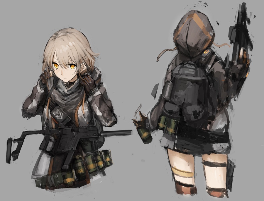 alternate_costume, explosive, girls_frontline, gloves, grenade, gun, hood, hooded_jacket