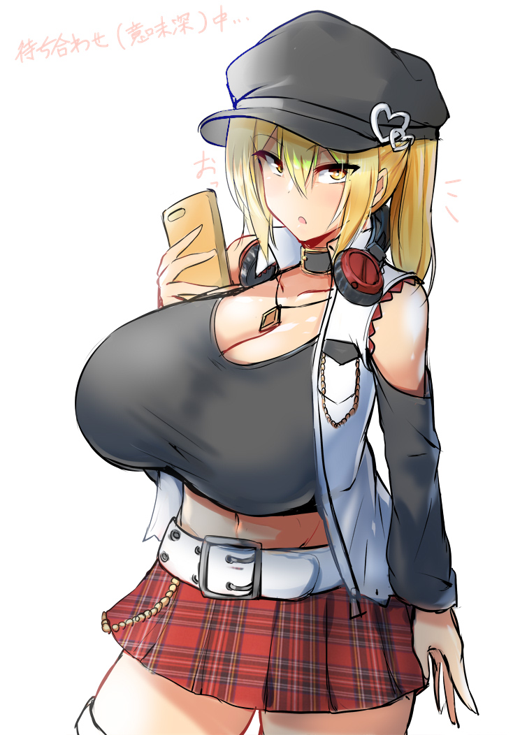 1girl, bangs, blonde_hair, breasts, brown_eyes, cabbie_hat, cellphone, collarbone