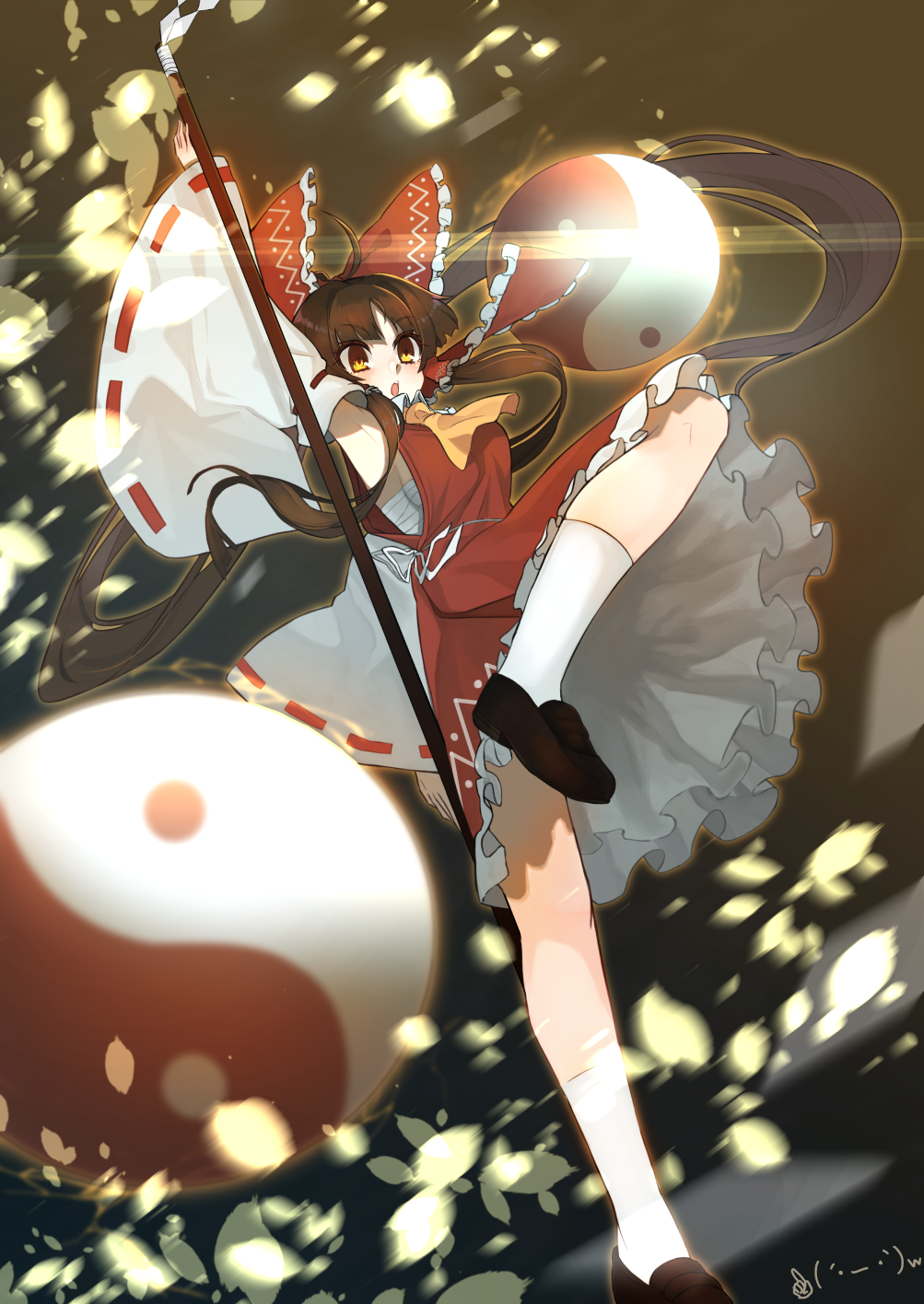 1girl, ahoge, arm_up, armpits, ascot, blurry, bow, brown_hair