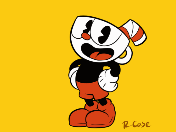 1boy, 30s, animated_gif, commentary, cuphead, cuphead_(game), full_body, gloves, male_focus, pac-man_eyes, robert_j_case, shorts, solo, white_gloves, yellow_background