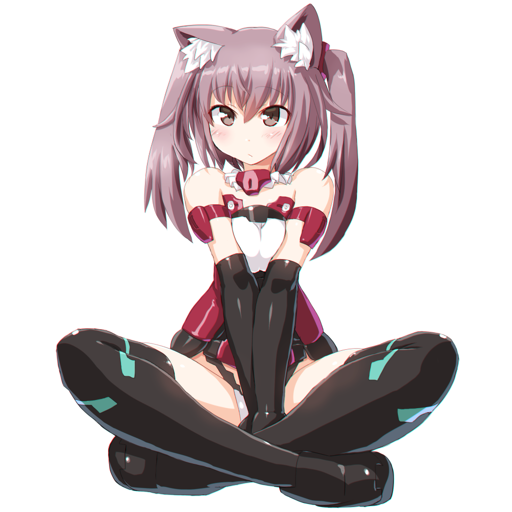 1girl, animal_ears, bangs, bare_shoulders, breasts, butterfly_sitting, cat_ears, dd_(ijigendd), detached_collar, frame_arms_girl, full_body, headgear, indian_style, innocentia, long_hair, mecha_musume, panties, sitting, small_breasts, solo, thigh-highs, twintails, underwear, v_arms, white_background, white_panties