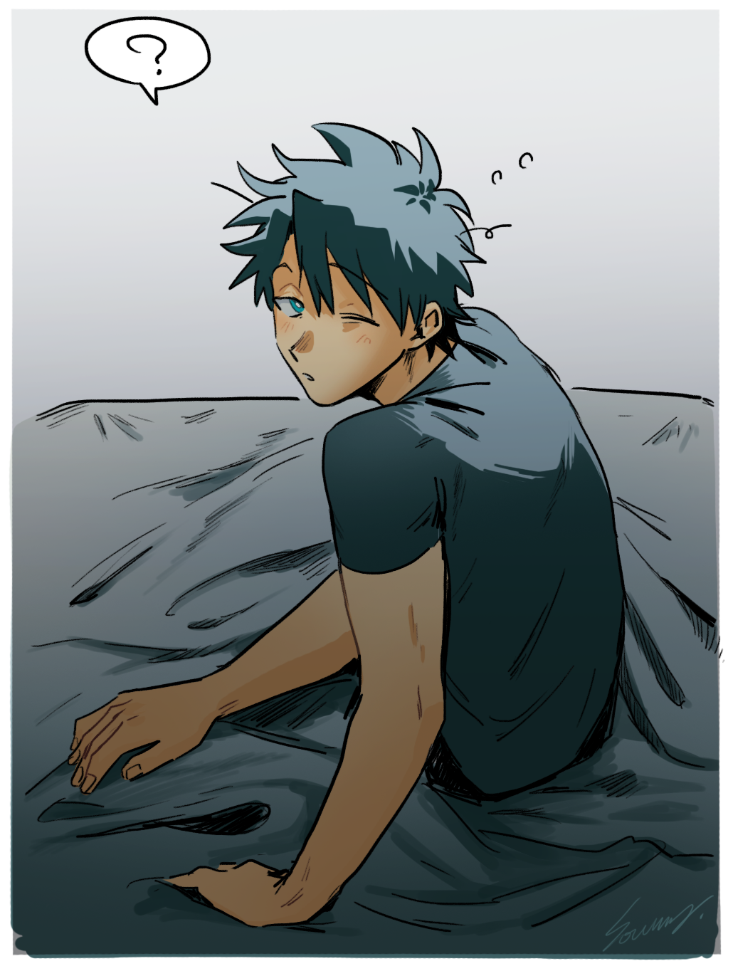 1boy, ?, black_hair, blue_eyes, fate/grand_order, fate_(series), fujimaru_ritsuka_(male), gradient, gradient_background, highres, male_focus, one_eye_closed, shirt, signature, sleepy, solo, spoken_question_mark, t-shirt, under_covers, waking_up, zero-souma