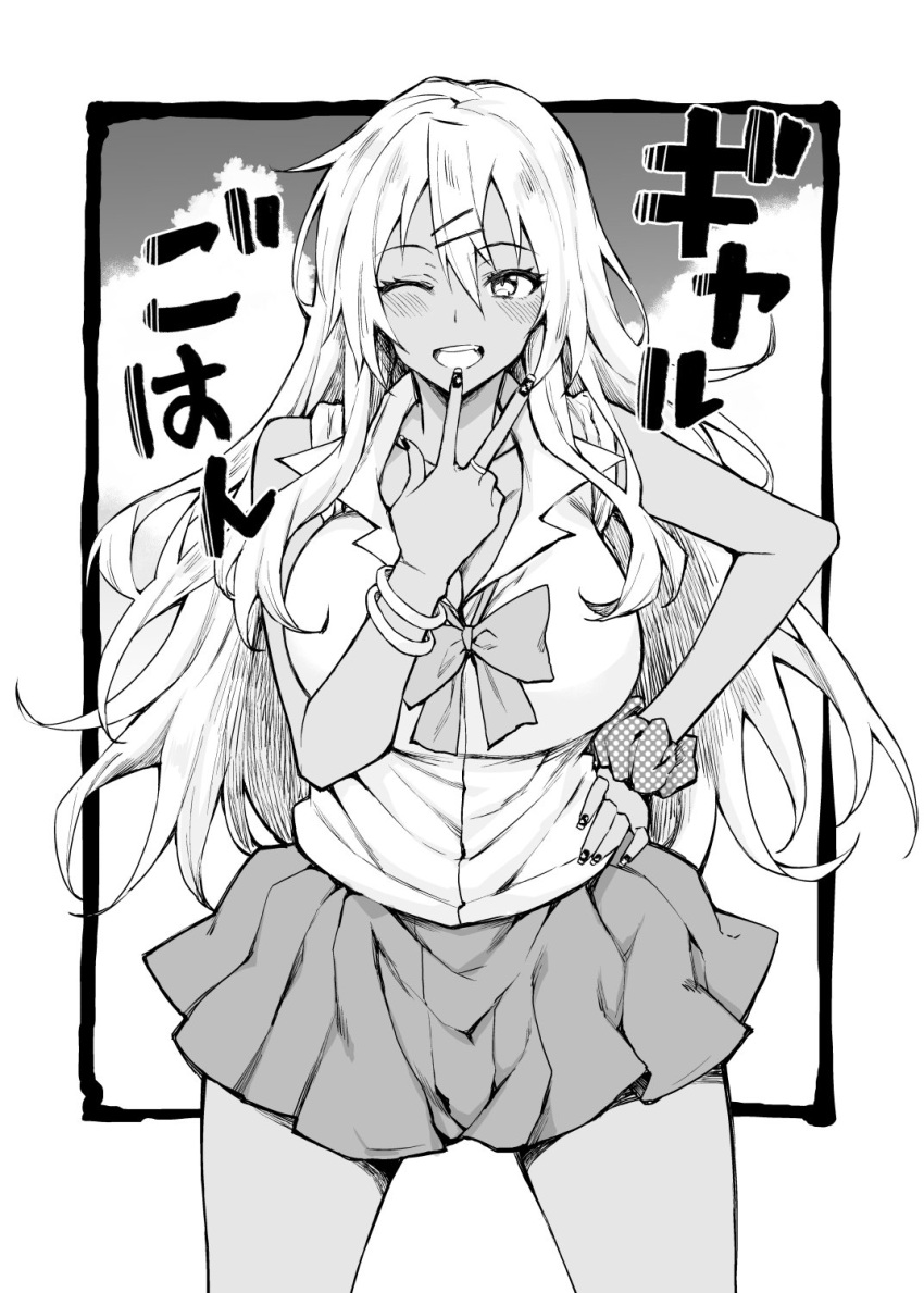 1girl, ;d, blush, bow, bowtie, bracelet, breasts, cleavage