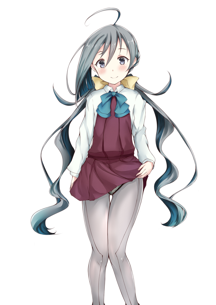 1girl, bow, bowtie, cowboy_shot, grey_eyes, grey_hair, grey_legwear, hair_between_eyes