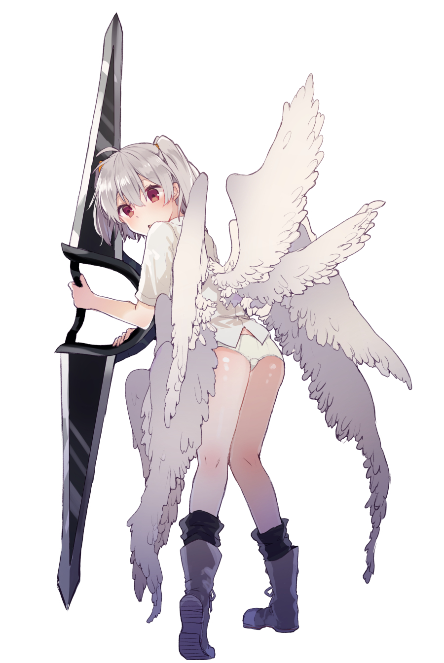 1girl, angel_chromosome_xx, ass, bangs, blush, boots, commentary_request, eyebrows_visible_through_hair