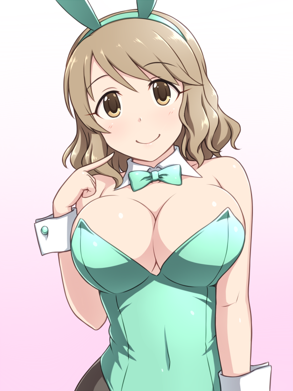 1girl, animal_ears, aqua_leotard, aqua_neckwear, bow, bowtie, breasts, brown_eyes