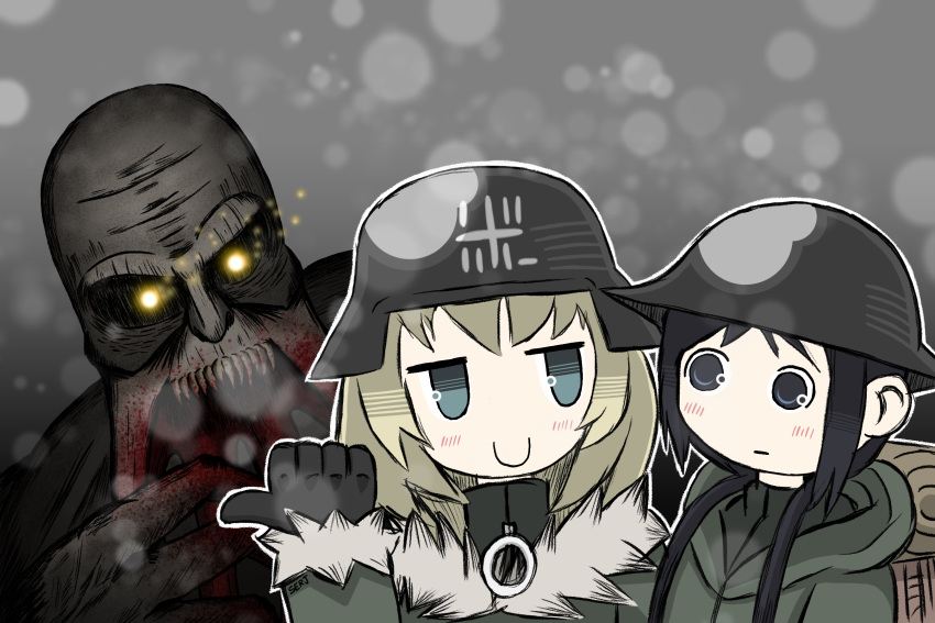 2girls, aqua_eyes, backpack, bag, black_eyes, black_hair, blonde_hair, bloodsucker