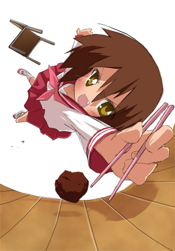 chopsticks, diving, fang, foreshortening, hands, kusakabe_misao, lowres, lucky_star