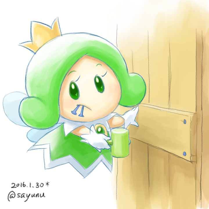 1girl, crown, dated, door, fairy, fairy_wings, gem, gloves, green_eyes, green_hair, hammer, super_mario_bros., sayuri_(sayunu), simple_background, solo, sprixie_princess, super_mario_3d_world, white_background, wings