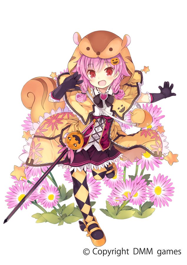 1girl, :d, acorn_bag, animal_ears, animal_hood, argyle, argyle_legwear, arm_up, bag, bangs, black_bow, black_gloves, blush, bow, capelet, collared_shirt, commentary_request, daisy, daisy_(flower_knight_girl), eyebrows_visible_through_hair, fang, floral_print, flower, flower_knight_girl, full_body, gloves, hair_between_eyes, hair_flaps, hair_ornament, hair_tie, halloween, heart, hood, hood_up, hooded_capelet, jack-o'-lantern, jack-o'-lantern_hair_ornament, jacket, kurasuke, long_hair, looking_at_viewer, low_twintails, object_namesake, official_art, open_clothes, open_jacket, open_mouth, orange_footwear, orange_jacket, outstretched_arm, pantyhose, pink_hair, pleated_skirt, print_jacket, purple_skirt, red_eyes, shirt, shoes, shoulder_bag, simple_background, skirt, smile, solo, squirrel_ears, squirrel_hood, squirrel_tail, standing, standing_on_one_leg, star, sword, tail, twintails, underbust, weapon, white_background, white_shirt