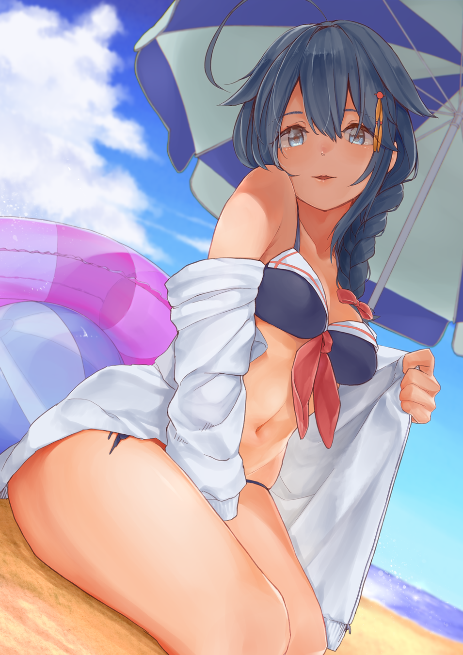 1girl, adapted_costume, ball, beach, beach_umbrella, beachball, bikini, black_hair, blue_eyes, blue_sky, braid, clpud, hair_flaps, hair_over_shoulder, highres, innertube, javier, kantai_collection, looking_at_viewer, parasol, pekoni_(peconi), sand, shigure_(kantai_collection), single_braid, sitting, sky, solo, swimsuit, umbrella