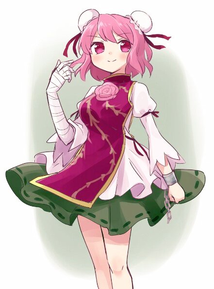 >:), 1girl, amputee, bandage, bandaged_arm, breasts, bun_cover, chains, chinese_clothes, cuffs, double_bun, flower, hair_bun, ibaraki_kasen, looking_at_viewer, madanai_(morisumeshi), pink_eyes, pink_hair, pink_rose, puffy_sleeves, ribbon, rose, shackles, short_hair, simple_background, skirt, smile, solo, tabard, touhou