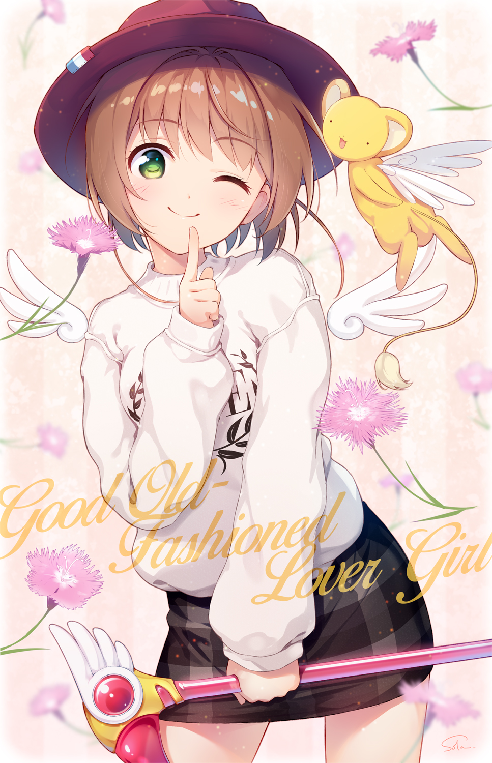 1girl, ;), alternate_costume, bangs, black_skirt, blush, brown_hair, card_captor_sakura