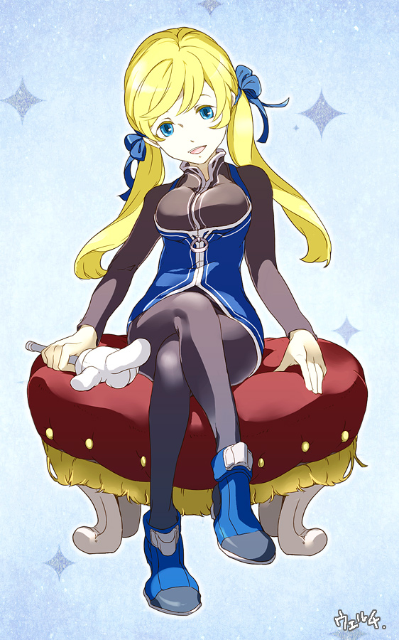 1girl, blonde_hair, blue_eyes, bodysuit, breasts, dress, happy, long_hair