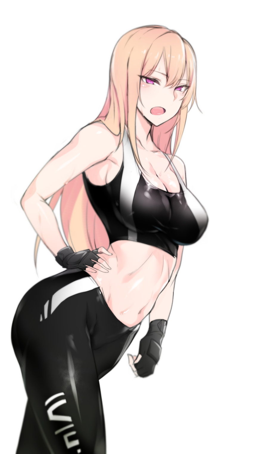 1girl, absurdres, bare_shoulders, bike_shorts, blonde_hair, blush, breasts, cleavage
