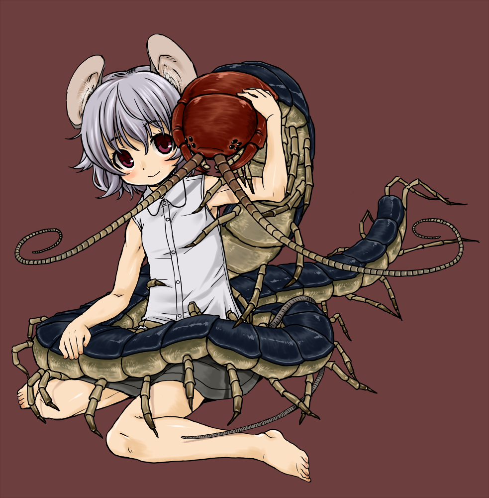 1girl, :>, alternate_sleeve_length, animal, animal_ears, antennae, arm_up, armpit_peek