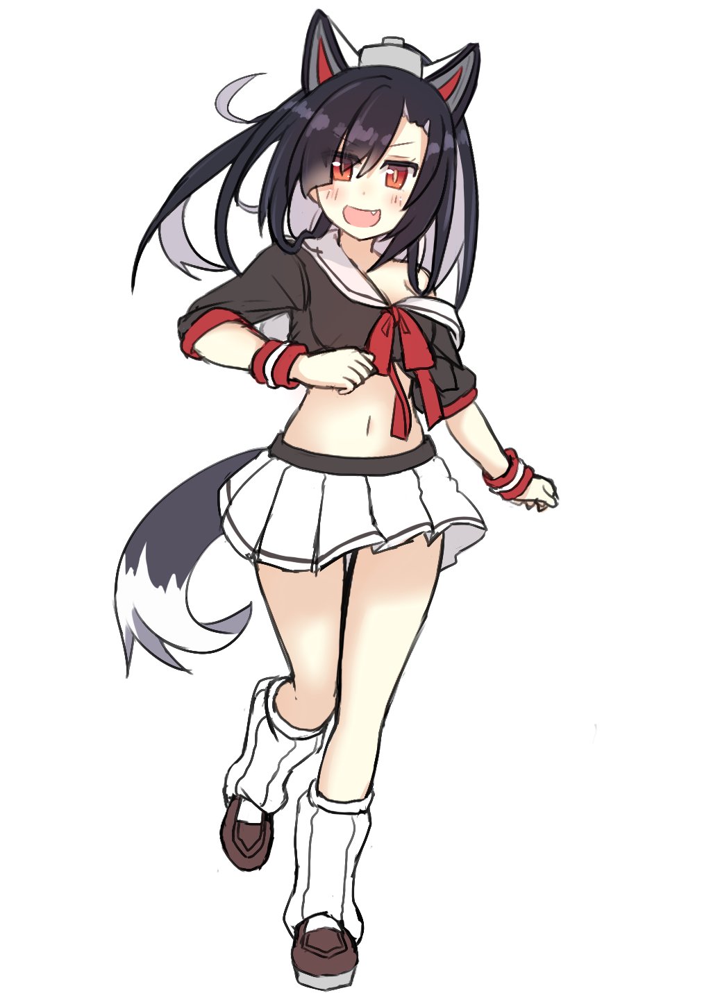 1girl, animal_ears, atsushi_(aaa-bbb), azur_lane, black_hair, blush, breasts, cleavage, eyebrows_visible_through_hair, fang, hair_between_eyes, highres, loafers, long_hair, looking_at_viewer, loose_socks, midriff, multicolored_hair, navel, off_shoulder, one_leg_raised, open_mouth, pleated_skirt, red_eyes, red_ribbon, ribbon, school_uniform, scrunchie, serafuku, shigure_(azur_lane), shoes, short_sleeves, simple_background, skirt, smile, socks, solo, tail, two-tone_hair, white_background, white_skirt, wolf_ears, wolf_tail