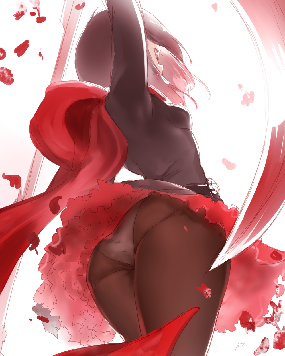 13o, 1girl, arm_up, ass, black_dress, black_hair, breasts, brown_legwear