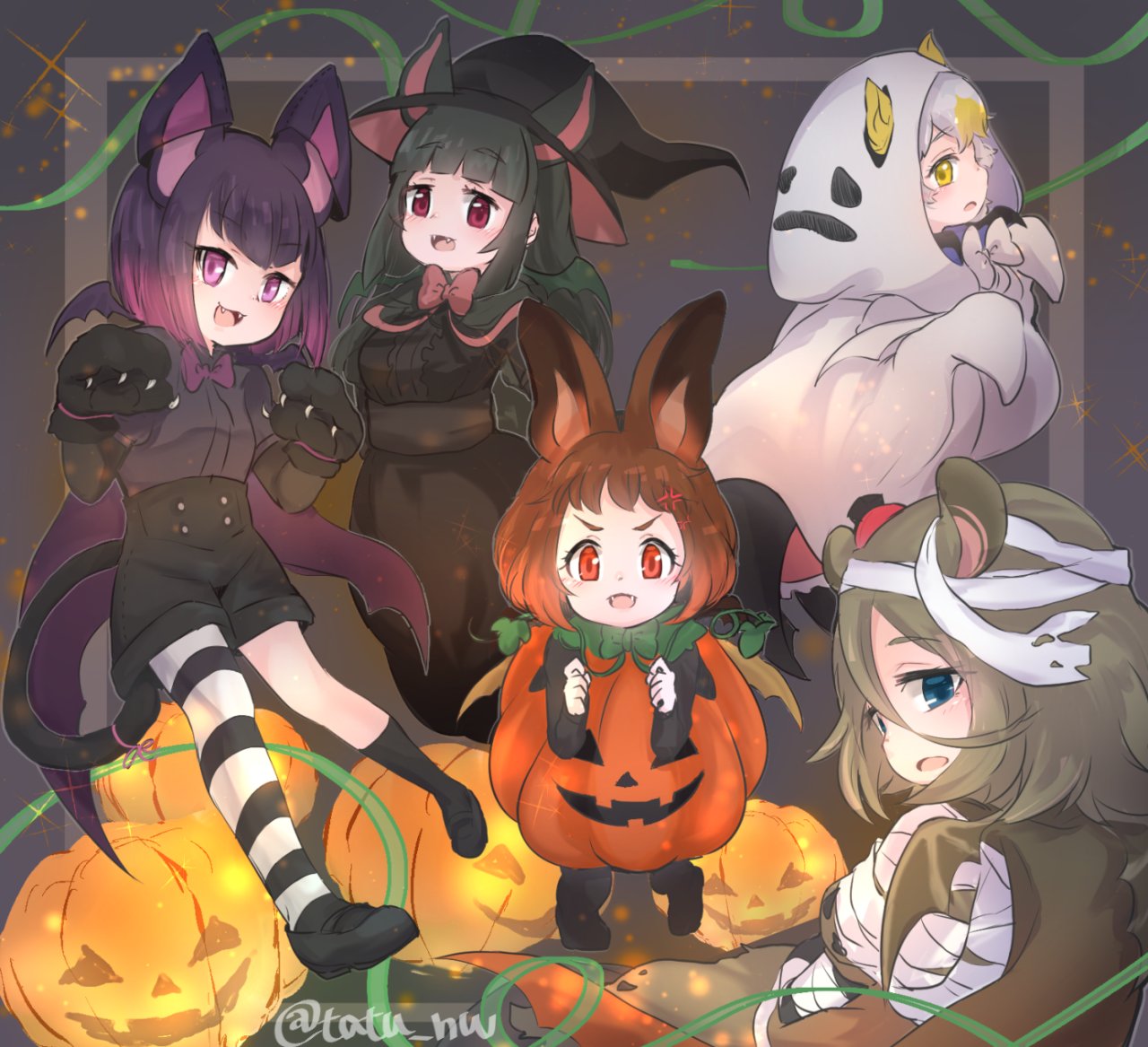 >:d, 5girls, :d, anger_vein, animal_ears, bandage, bat_ears, bat_wings