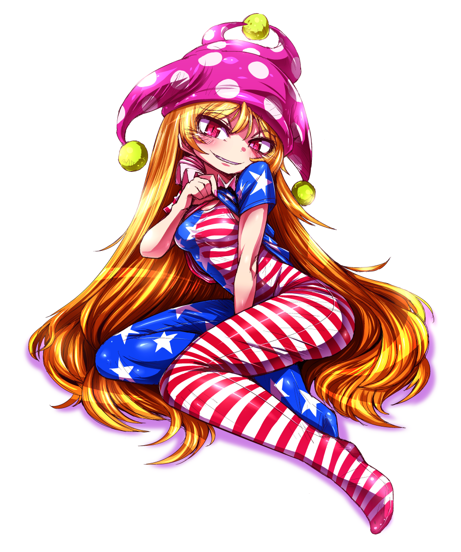1girl, american_flag, american_flag_shirt, bare_arms, between_legs, blonde_hair, breasts, clownpiece