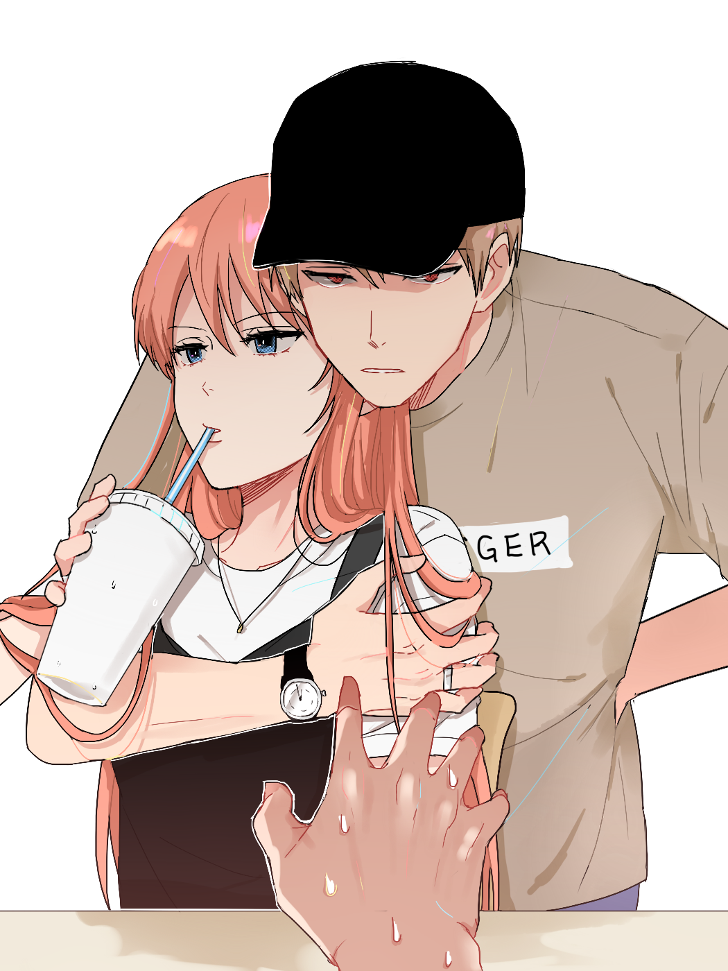 1boy, 1girl, black_hat, blue_eyes, brown_hair, drinking, eyebrows_visible_through_hair, gintama