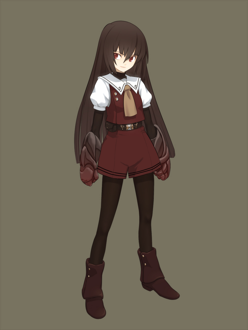 belt, boots, brown_eyes, brown_hair, ga9, gauntlets, highres, legwear_under_shorts, long_hair, pantyhose, shorts