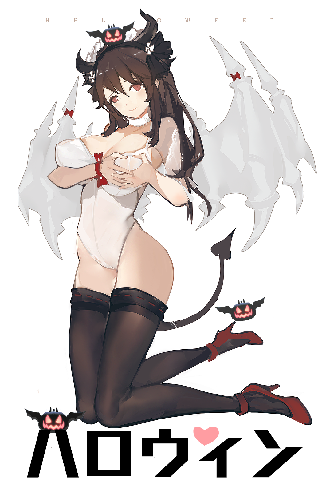 1girl, bad_revision, bangs, black_legwear, blush, breasts, brown_hair, demon_horns, demon_tail, downscaled_revision, full_body, hair_between_eyes, hairband, halloween, heart, high_heels, highres, horns, jack-o'-lantern, kneeling, large_breasts, leotard, light_smile, lisa_(kimiko2016), looking_at_viewer, original, red_footwear, sidelocks, simple_background, smile, solo, tail, thigh-highs, violet_eyes, white_background, white_leotard, wings