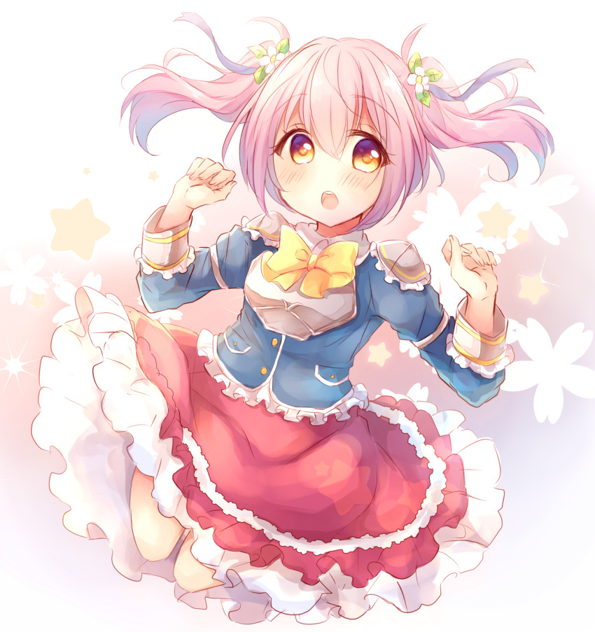 1girl, :o, bangs, blue_shirt, blush, bow, bowtie, commentary_request