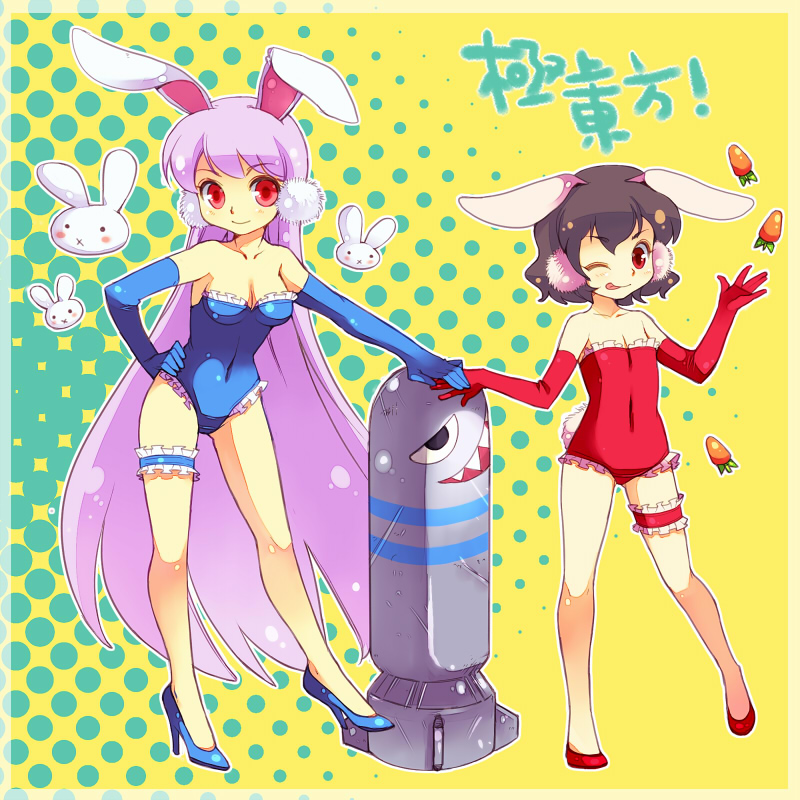 akane_(parodius)_(cosplay), animal_ears, bad_id, bomb, breasts, brown_hair, bunny_ears, bunnysuit, carrot, child, cleavage, cosplay, elbow_gloves, flat_chest, garters, gloves, high_heels, hikaru_(parodius), hikaru_(parodius)_(cosplay), inaba_tewi, kabuteriko, long_hair, parodius, purple_hair, rabbit_ears, red_eyes, reisen_udongein_inaba, shoes, short_hair, sokomushi, touhou