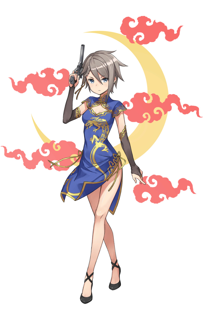 1girl, alternate_costume, ange_(princess_principal), black_footwear, blue_eyes, braid, china_dress, chinese_clothes