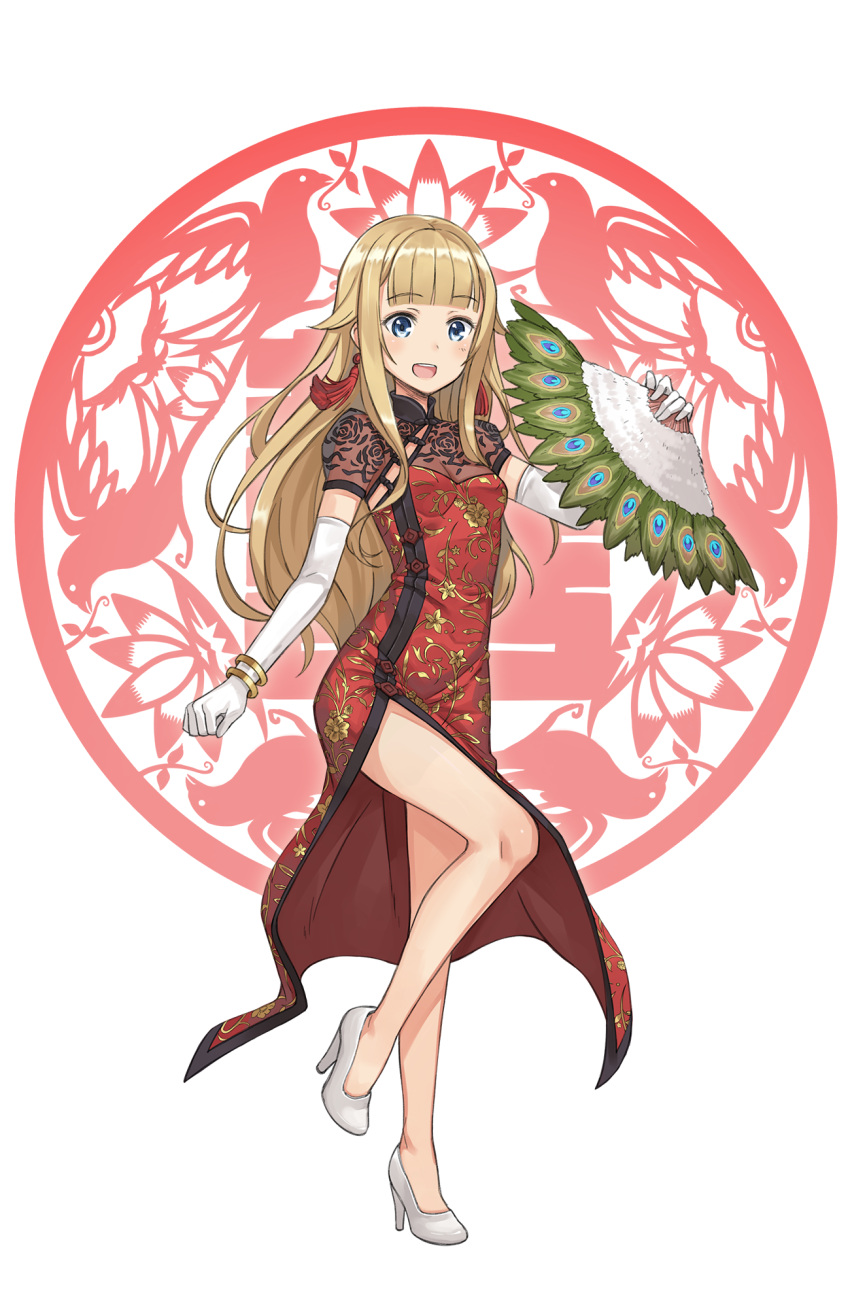 1girl, :d, bangle, blonde_hair, bracelet, china_dress, chinese_clothes, dress, earrings, elbow_gloves, feather_fan, full_body, gloves, high_heels, highres, jewelry, long_hair, looking_at_viewer, official_art, open_mouth, peacock_feathers, princess_(princess_principal), princess_principal, princess_principal_game_of_mission, smile, solo, standing, standing_on_one_leg, transparent_background, white_footwear, white_gloves