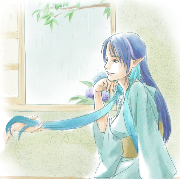 blue_hair, hands, japanese_clothes, judith, june_rainydays, kimono, long_hair, pointy_ears