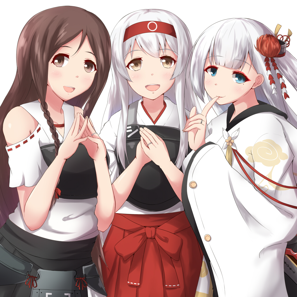 3girls, :d, aqua_eyes, azur_lane, braid, brown_eyes, brown_hair, commentary_request, crossover, detached_sleeves, eyeshadow, finger_to_mouth, hachimaki, hair_ornament, hakama_skirt, headband, japanese_clothes, jewelry, kantai_collection, long_hair, looking_at_viewer, makeup, mole, mole_under_eye, multiple_crossover, multiple_girls, muneate, open_mouth, pleated_skirt, ring, shoukaku_(azur_lane), shoukaku_(kantai_collection), shoukaku_(zhan_jian_shao_nyu), simple_background, single_braid, skirt, smile, wedding_band, white_background, white_hair, yukimi_unagi, zhan_jian_shao_nyu