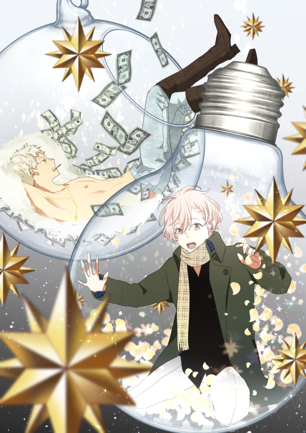 2boys, areolae, bare_chest, bills, blonde_hair, boots, coat, denim