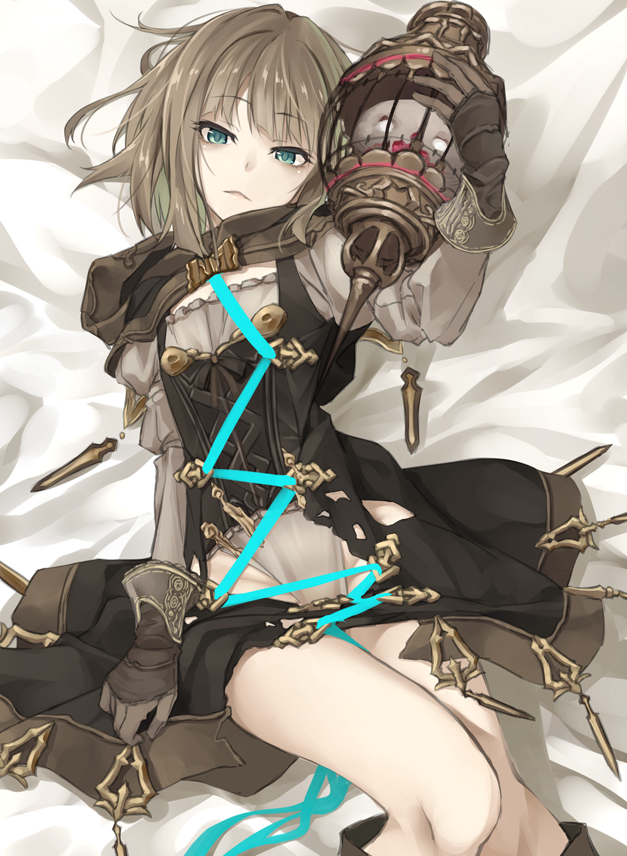 1girl, bangs, bed_sheet, blue_eyes, cage, cleavage_cutout, dress, eyebrows_visible_through_hair