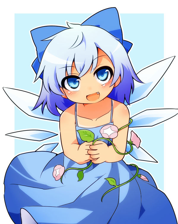 cirno, hidden_star_in_four_seasons, looking_at_viewer, open_mouth, peku_(science_santa-san), simple_background, smile, tanned_cirno