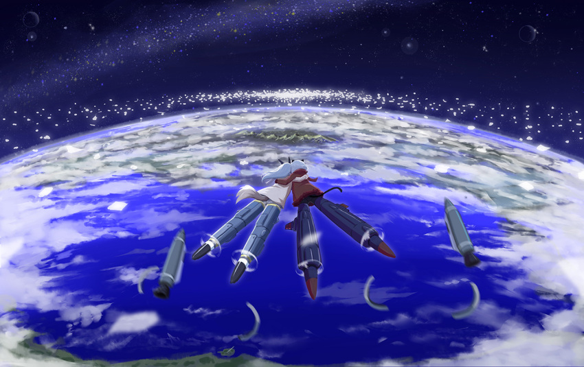 animal_ears, cat_ears, cat_tail, clouds, earth, eila_ilmatar_juutilainen, flying, fox_ears