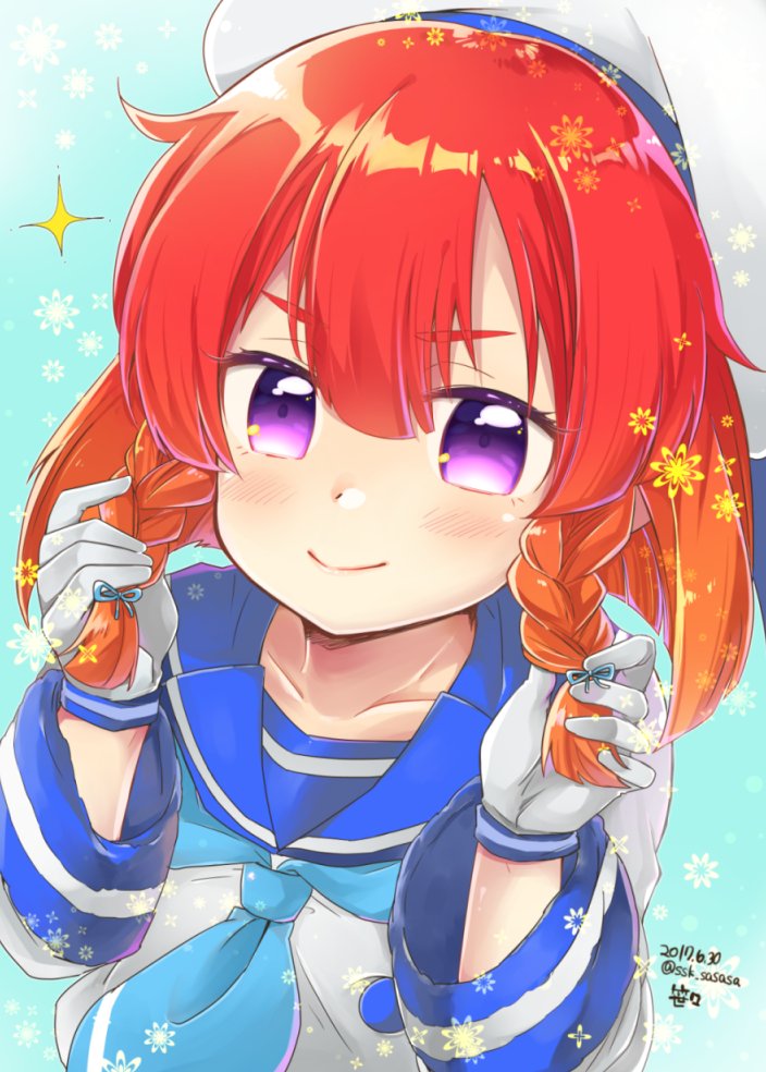 1girl, artist_name, blue_ribbon, blush, bob_cut, braid, commentary, dated, etorofu_(kantai_collection), gloves, gradient_hair, hat, holding, holding_hair, kantai_collection, looking_at_viewer, multicolored_hair, neckerchief, redhead, ribbon, sailor_hat, school_uniform, serafuku, short_hair, sidelocks, smile, solo, ssk_sasasa, thick_eyebrows, twin_braids, twitter_username, violet_eyes