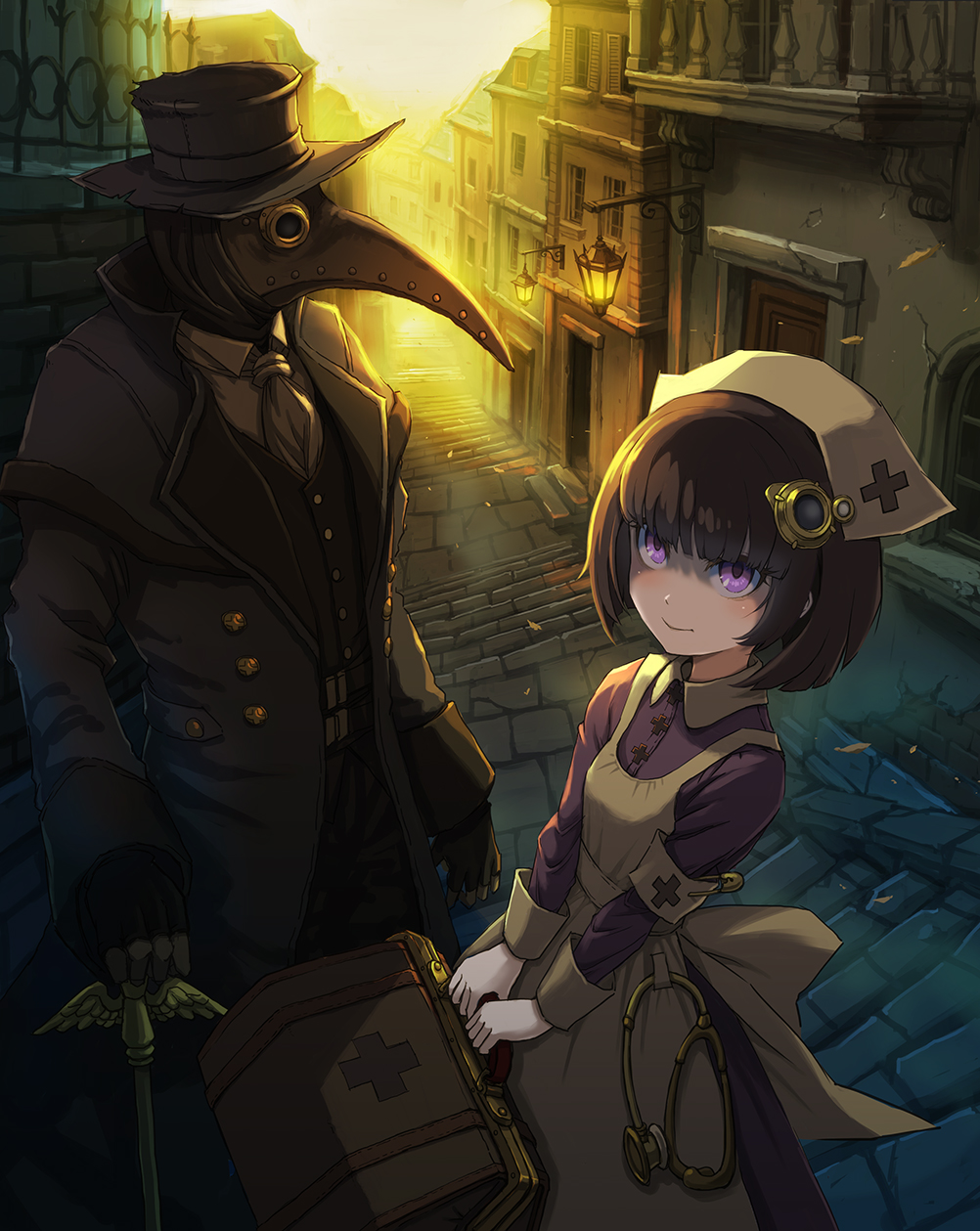 1boy, 1girl, alley, armband, ascot, backlighting, bag, beak