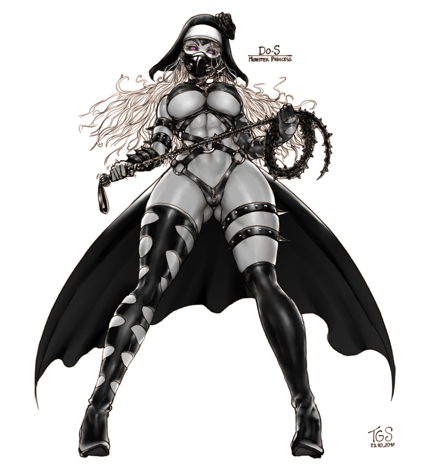 1girl, abs, armband, asymmetrical_legwear, bangs, bare_shoulders, bdsm, black_gloves