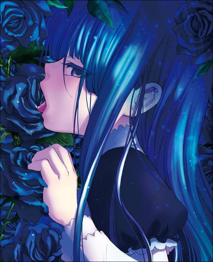 1girl, bangs, blue_eyes, blue_hair, blue_rose, dress, eyes_visible_through_hair, flower, frederica_bernkastel, frills, leaf, licking, long_hair, long_sleeves, looking_at_viewer, natsumi_kei, official_art, open_mouth, puffy_long_sleeves, puffy_sleeves, rose, sexually_suggestive, solo, tongue, tongue_out, umineko_no_naku_koro_ni, yonic_symbol