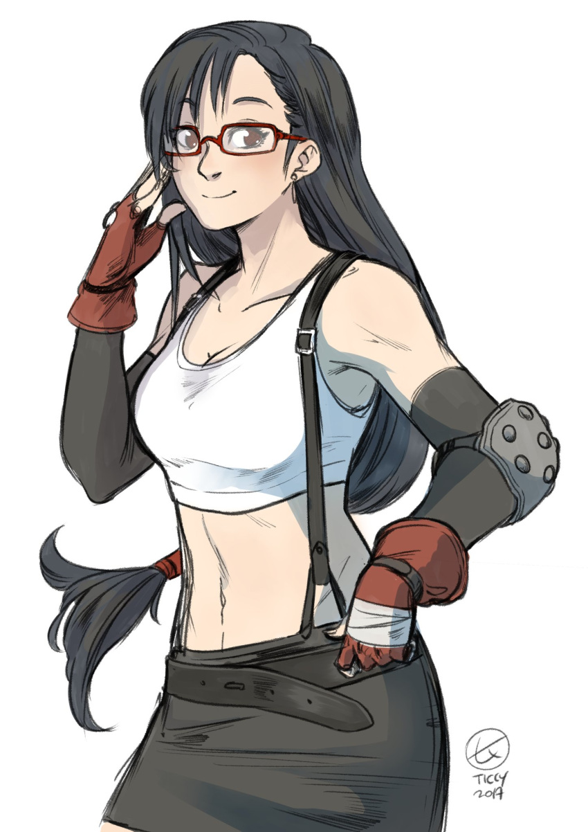 1girl, black_hair, commission, earrings, final_fantasy, final_fantasy_vii, fingerless_gloves, glasses