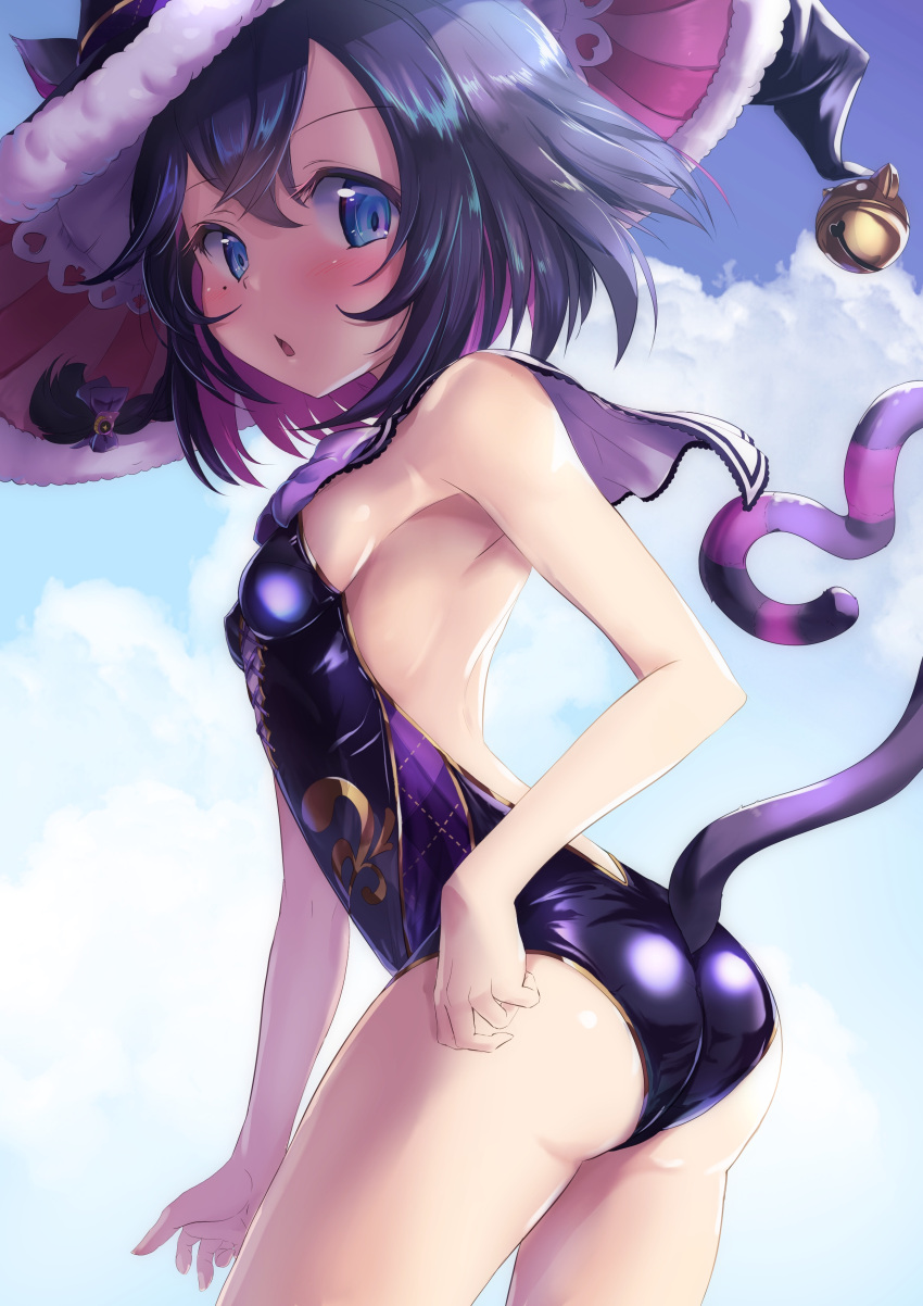 1girl, absurdres, animal_ears, ass, bare_arms, bare_back, bare_shoulders, bell