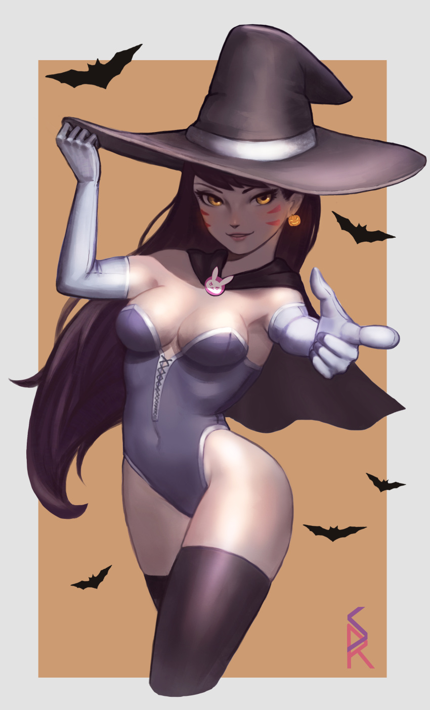 1girl, absurdres, alternate_costume, alternate_eye_color, animal_print, bat, breasts, brooch, brown_hair, brown_legwear, bunny_brooch, bunny_print, cape, cleavage, covered_navel, cowboy_shot, d.va_(overwatch), earrings, elbow_gloves, eyelashes, eyeliner, facepaint, facial_mark, finger_gun, gloves, glowing, glowing_eyes, glowing_jewelry, halloween_costume, hand_on_headwear, hat, highres, jack-o'-lantern, jack-o'-lantern_earrings, jewelry, leotard, long_hair, looking_at_viewer, makeup, medium_breasts, orange_background, orange_eyes, overwatch, parted_lips, pink_lips, pointing, pointing_at_viewer, shinra_(baby80526), signature, smile, solo, strapless, strapless_leotard, thigh-highs, whisker_markings, white_border, white_gloves, witch, witch_hat