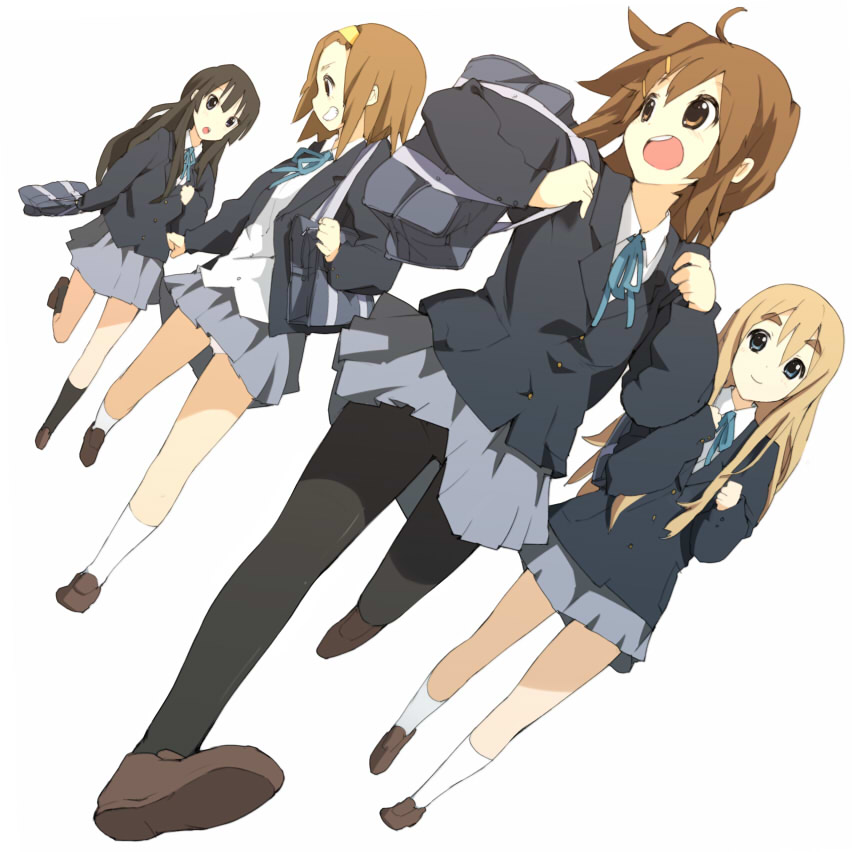 akiyama_mio, bag, bangs, black_hair, blonde_hair, blunt_bangs, brown_hair, dutch_angle