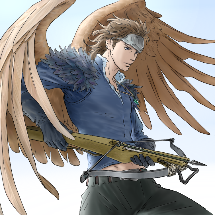 1boy, black_gloves, black_pants, blue_eyes, blue_shirt, bow_(weapon), brown_hair, crossbow