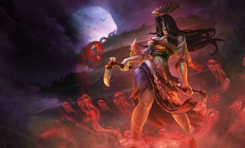 1girl, architecture, black_hair, blood, blood_on_face, breasts, cleavage, east_asian_architecture, facial_mark, fan, ghost, izanami_(smite), japanese_clothes, kimono, long_hair, nail_polish, night, night_sky, official_art, sickle, skull, sky, smite, solo, torn_clothes, yellow_eyes