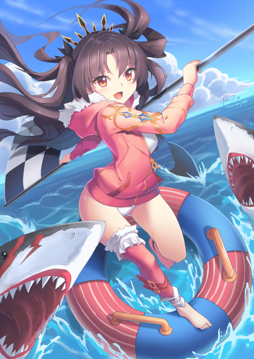 1girl, :d, black_hair, blue_sky, checkered, clouds, cloudy_sky, commentary_request